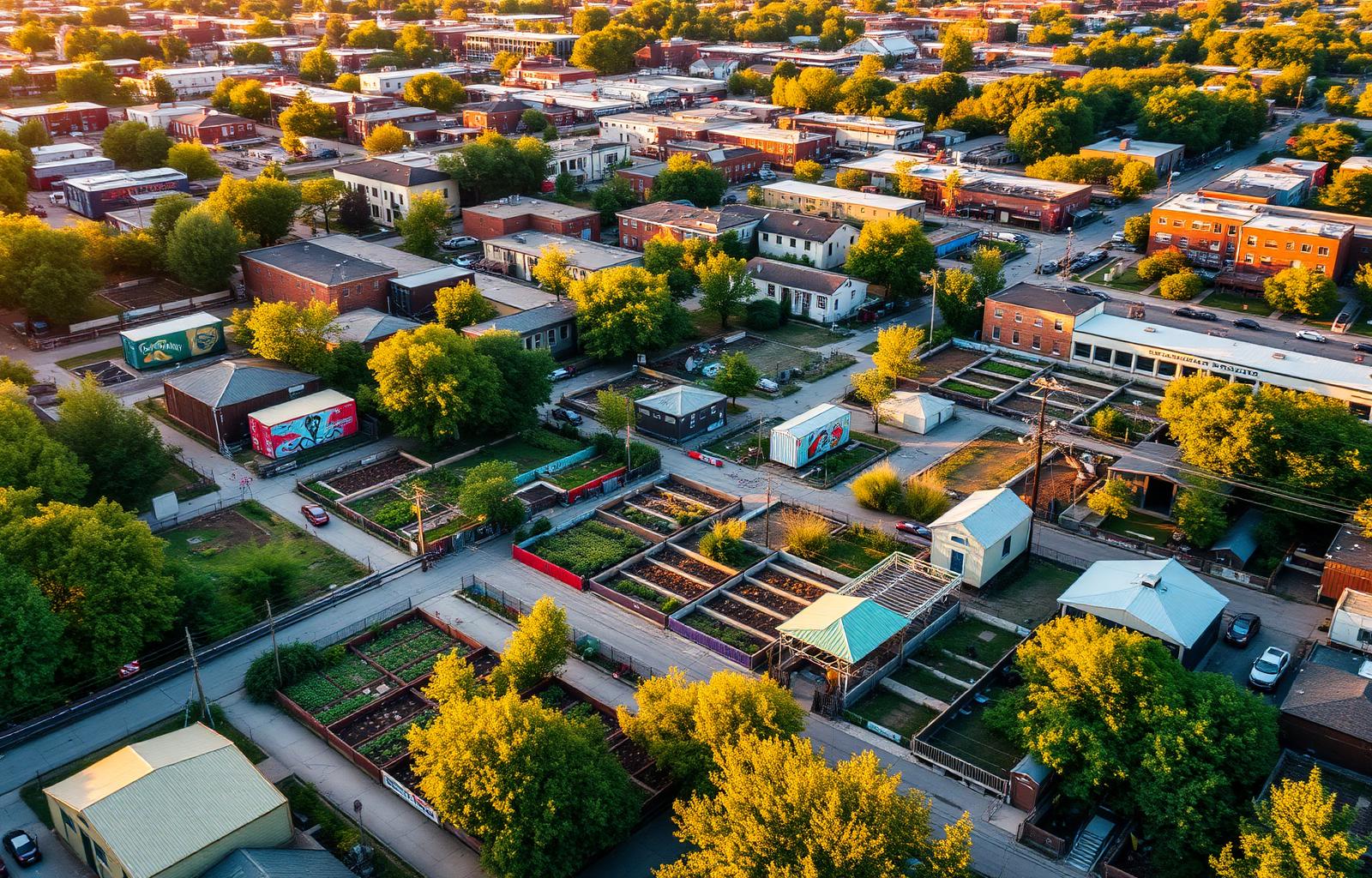 Aerial view of Avalon Village transforming a Highland Park block